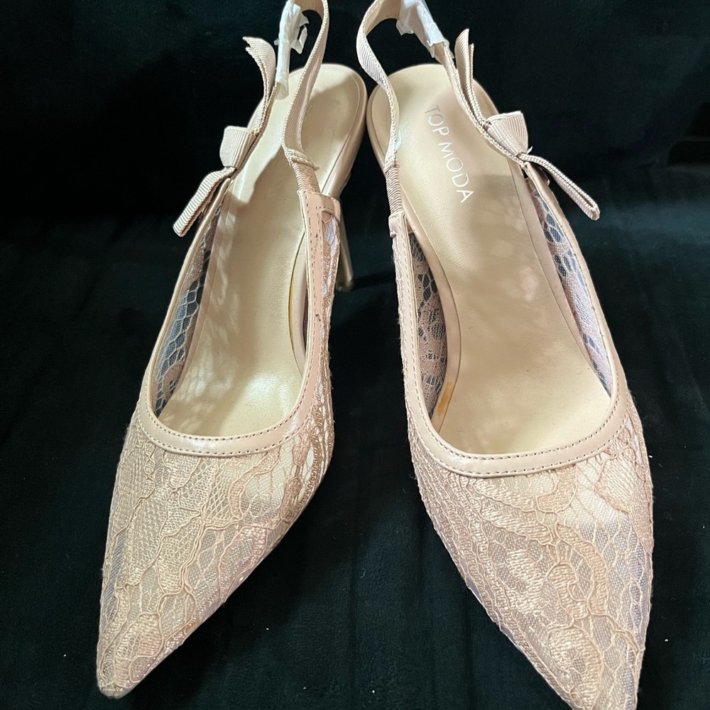 TOP MODA Women's Lace Pointed Slingback Heels in Blush Pink
